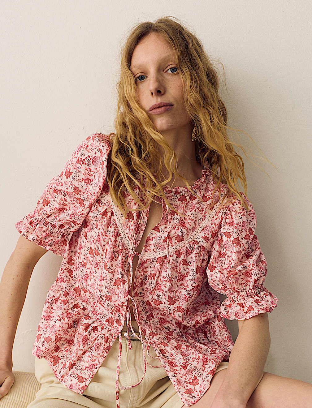 Cotton Rich Printed Tie Front Blouse