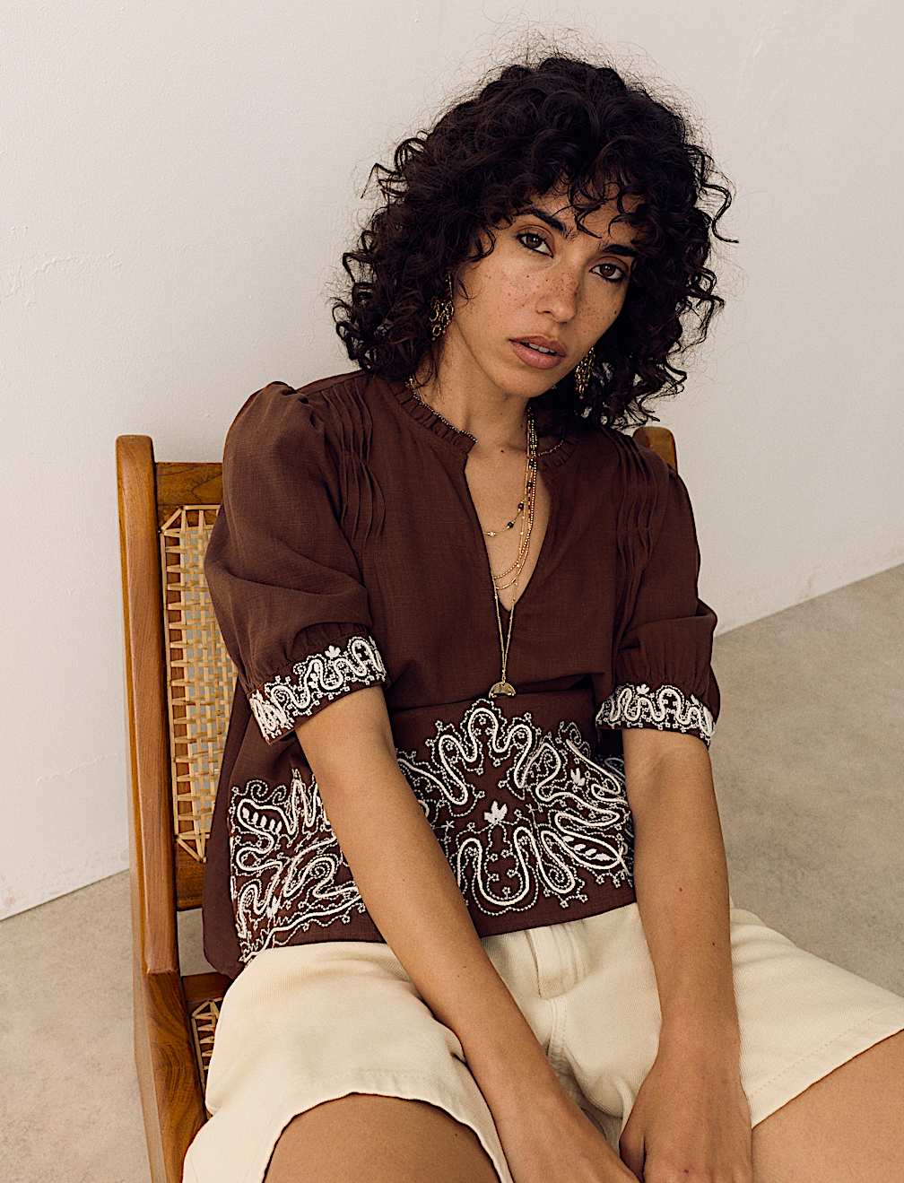 Lyocell Rich Embroidered Notch Neck Blouse