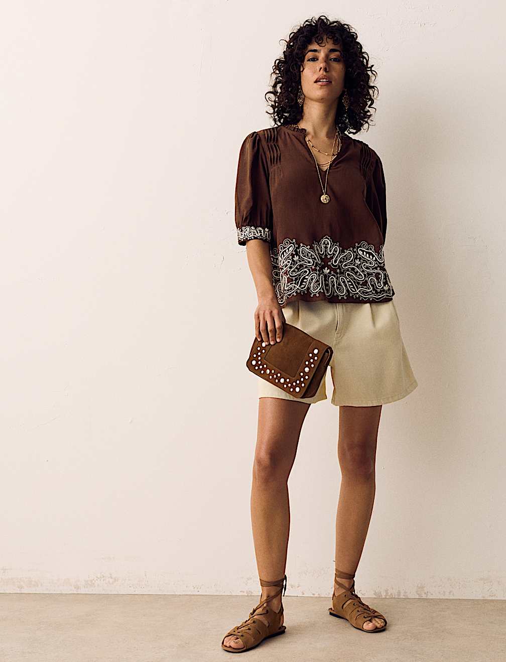 Lyocell Rich Embroidered Notch Neck Blouse