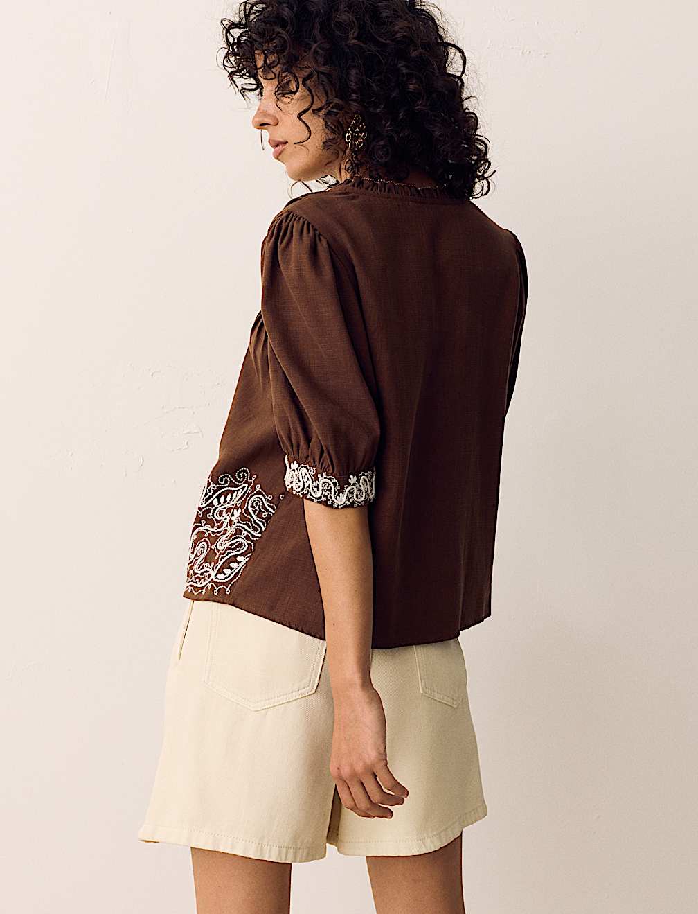 Lyocell Rich Embroidered Notch Neck Blouse