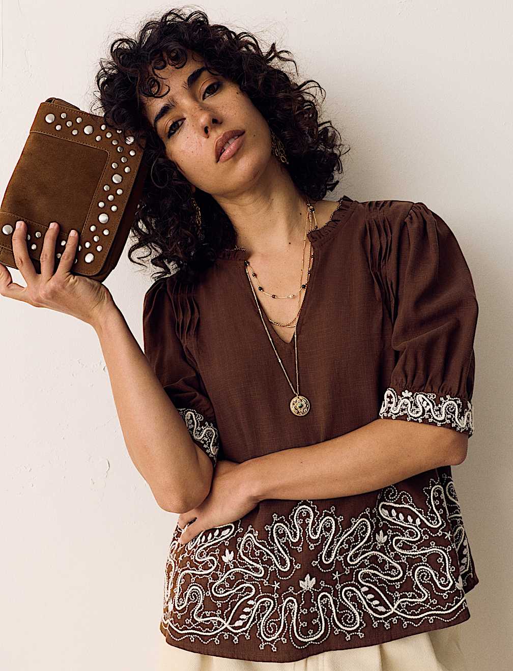 Lyocell Rich Embroidered Notch Neck Blouse