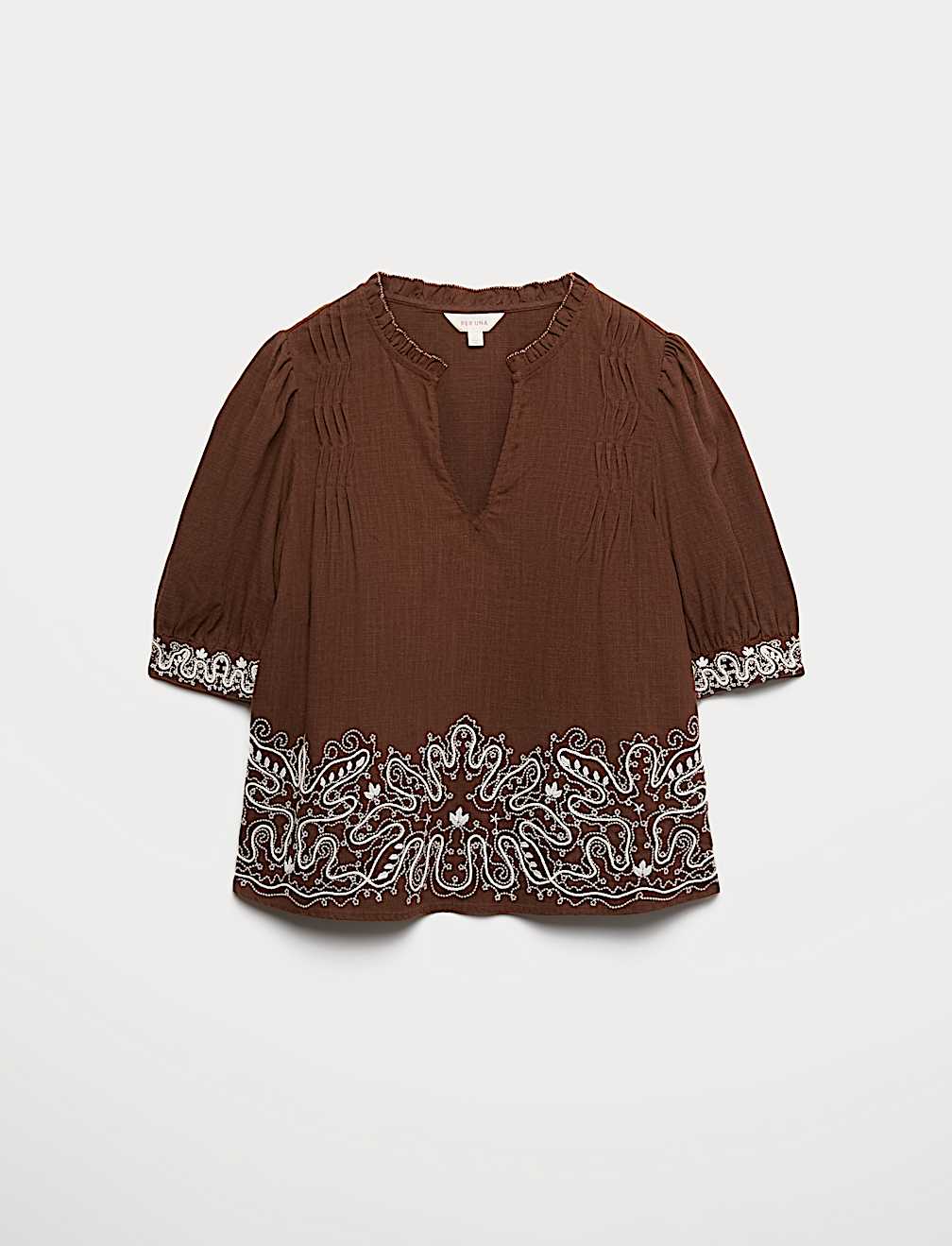 Lyocell Rich Embroidered Notch Neck Blouse