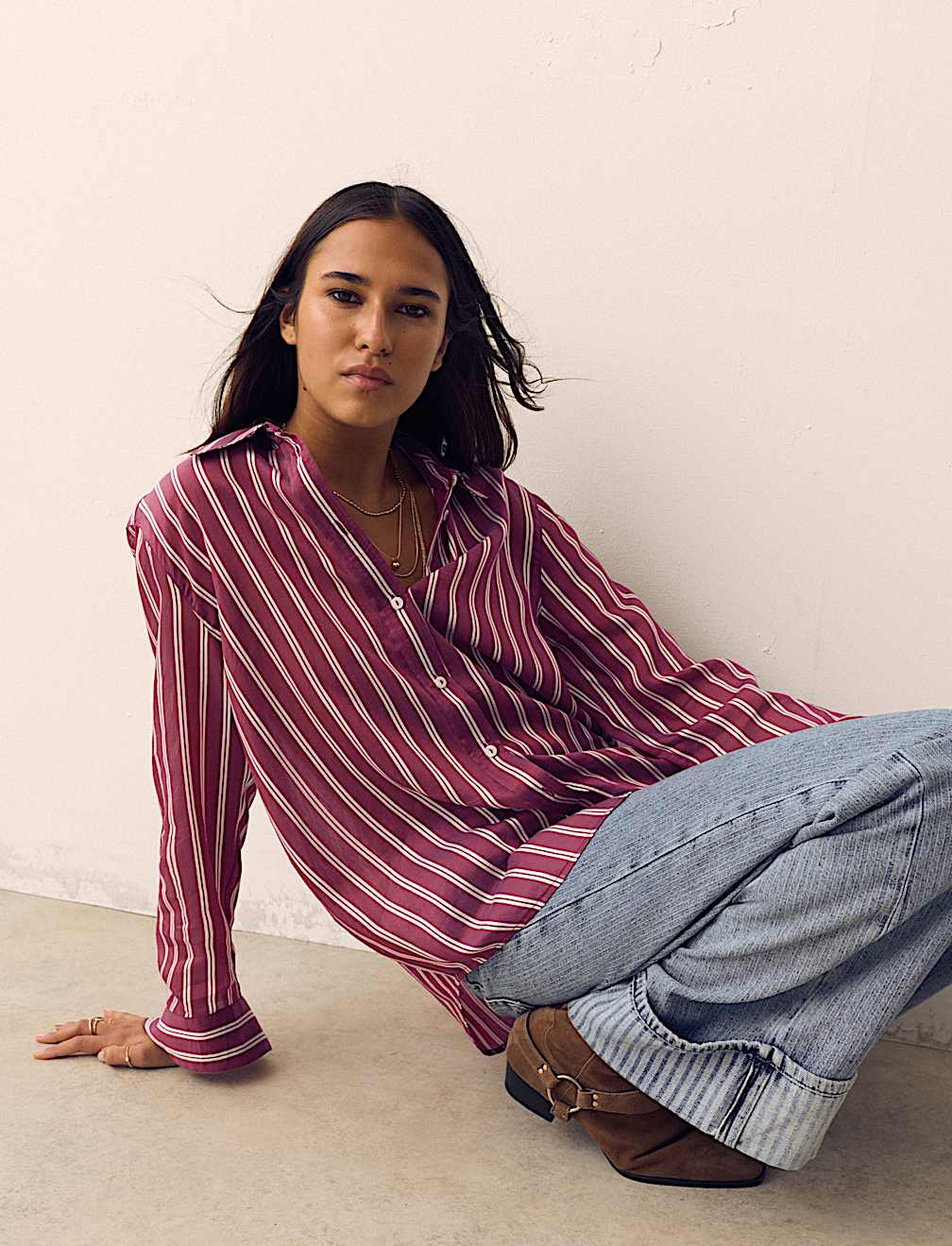 Lyocell Rich Striped Collared Relaxed Shirt