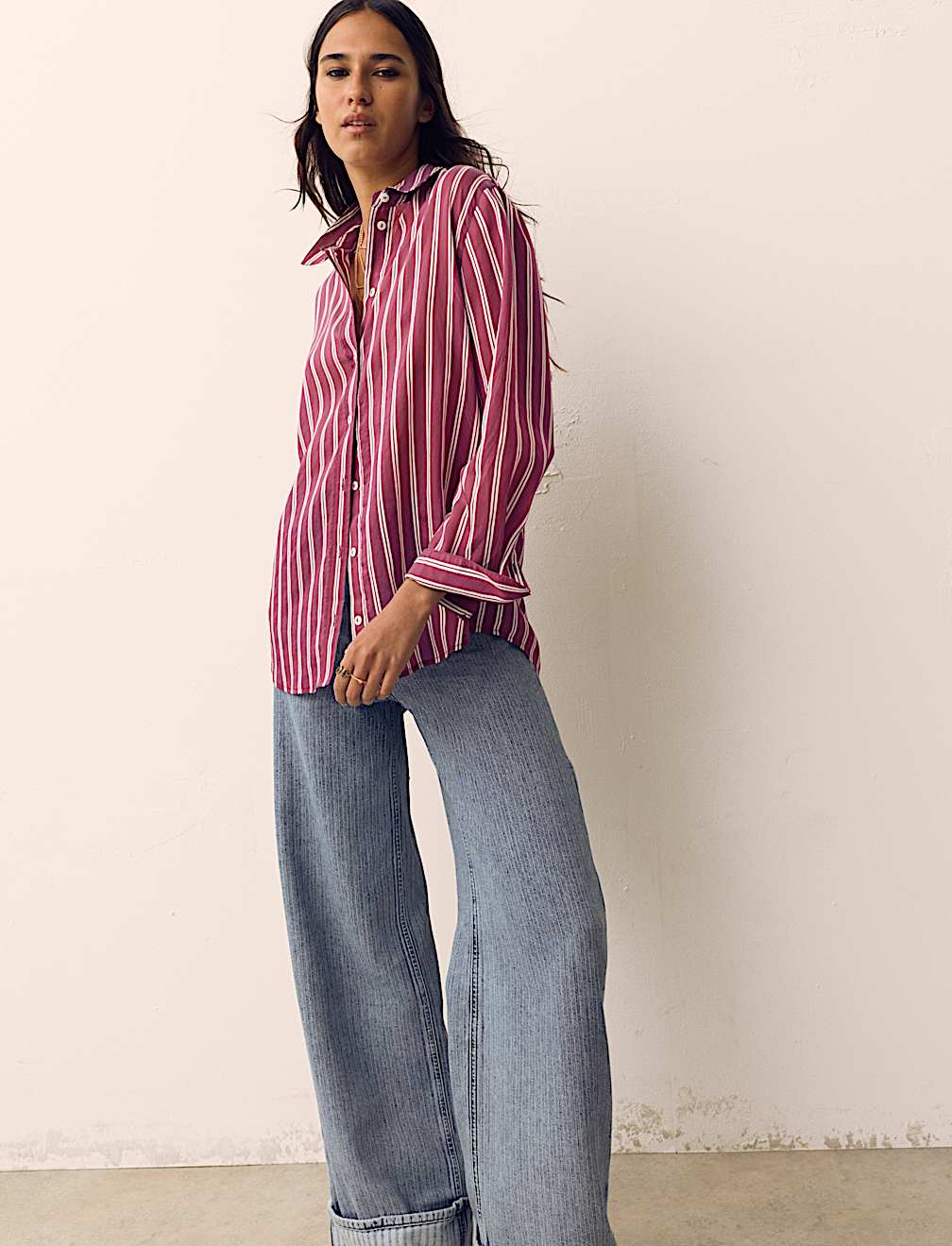 Lyocell Rich Striped Collared Relaxed Shirt