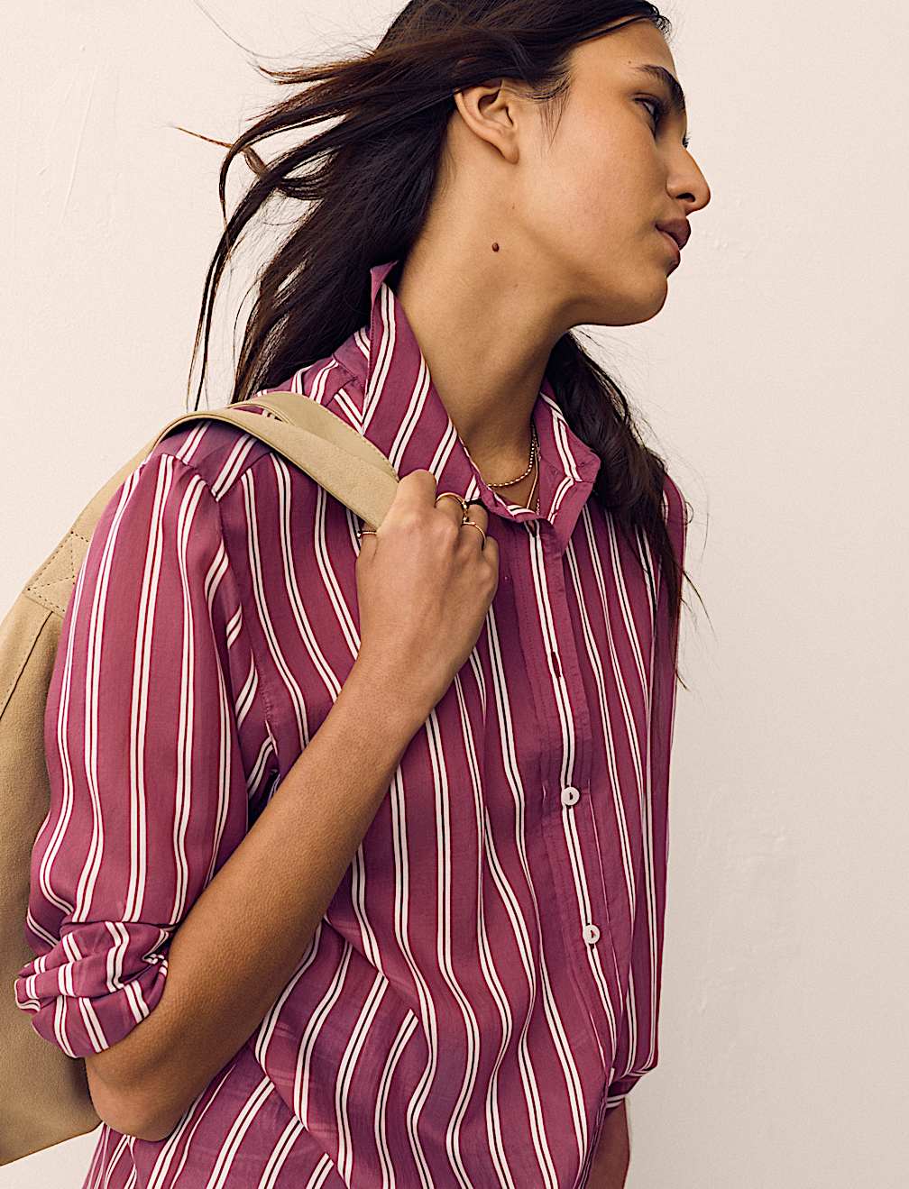 Lyocell Rich Striped Collared Relaxed Shirt