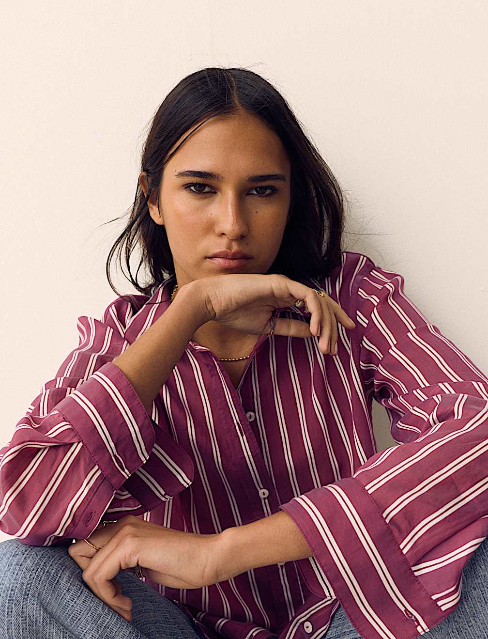 Lyocell Rich Striped Collared Relaxed Shirt