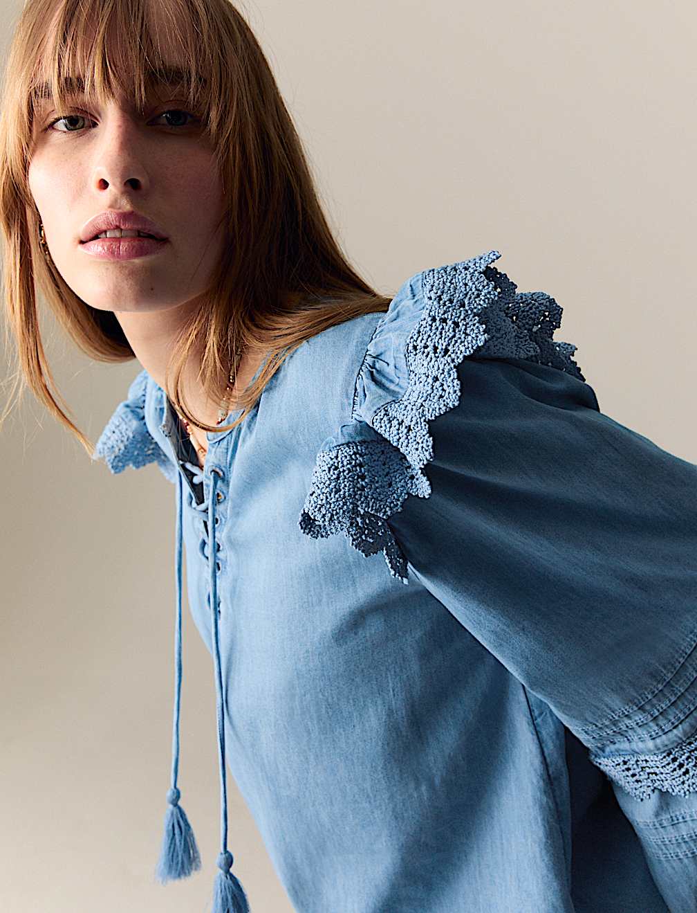 Pure Cotton Lace Up Detail Popover Blouse