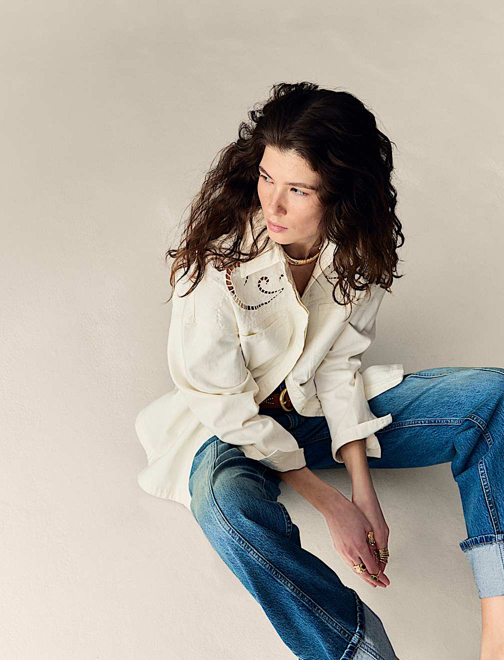 Pure Cotton Denim Collared Cutwork Shirt