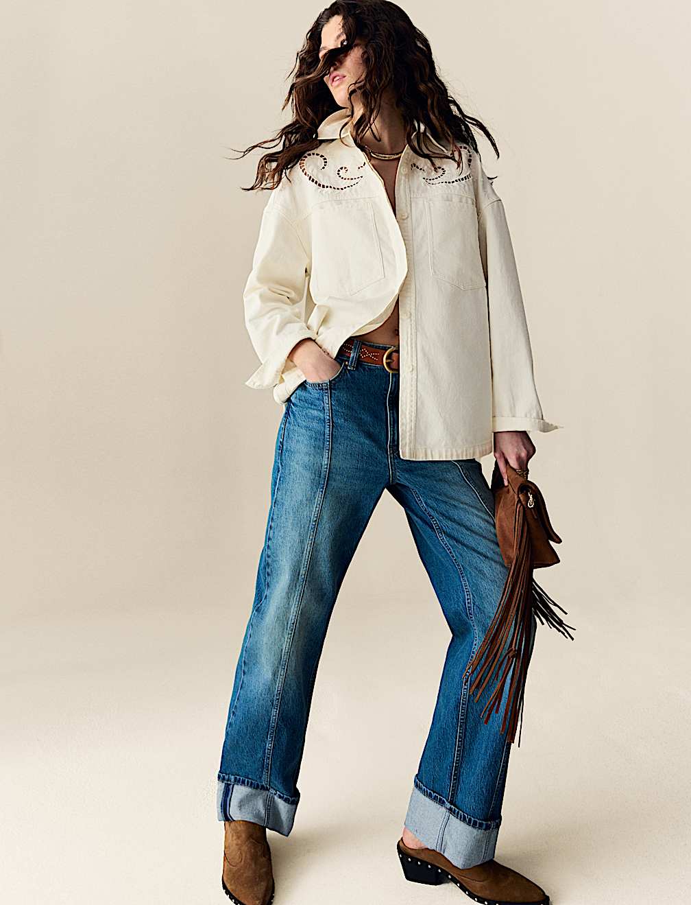 Pure Cotton Denim Collared Cutwork Shirt