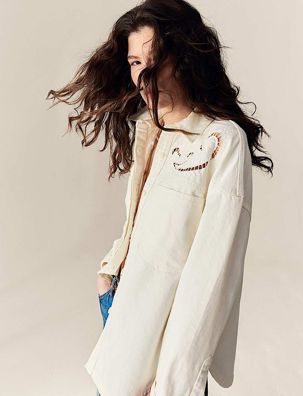 Pure Cotton Denim Collared Cutwork Shirt