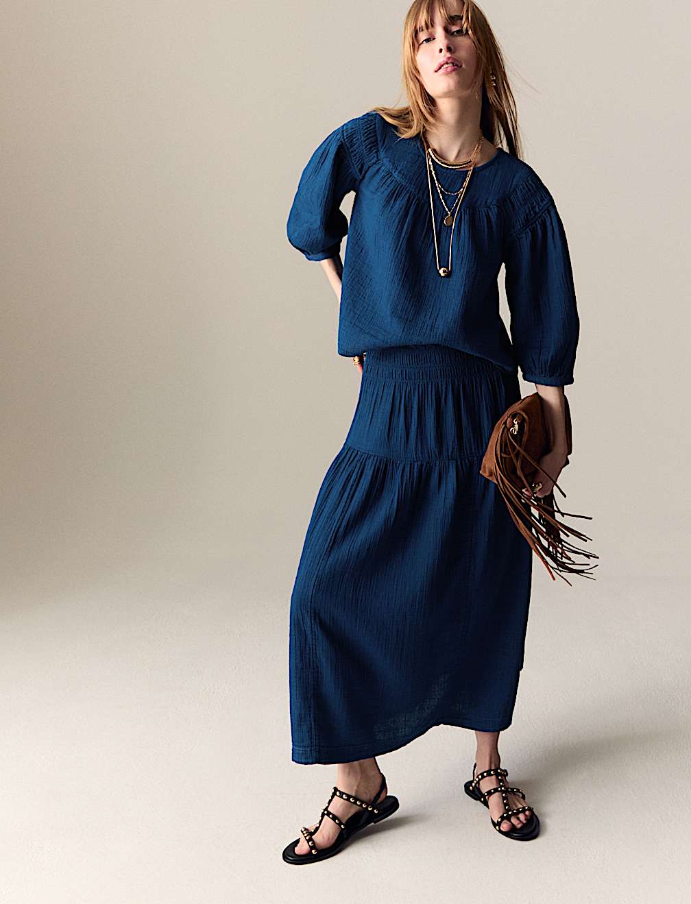 Pure Cotton Round Neck Gathered Popover Blouse