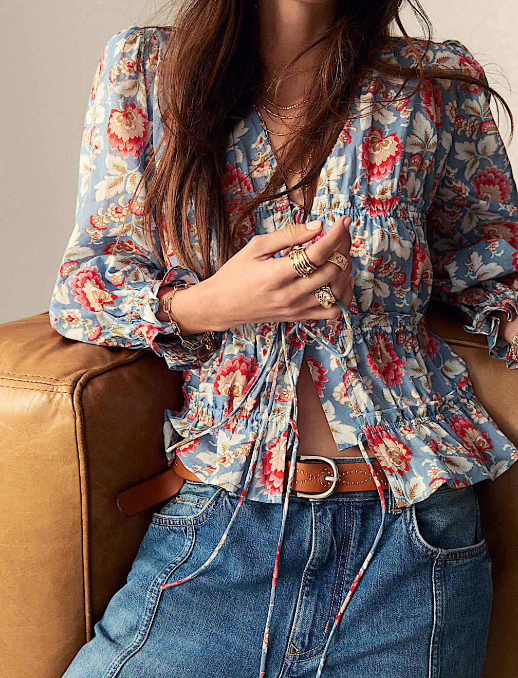 Pure Cotton Floral V-Neck Tie Front Blouse