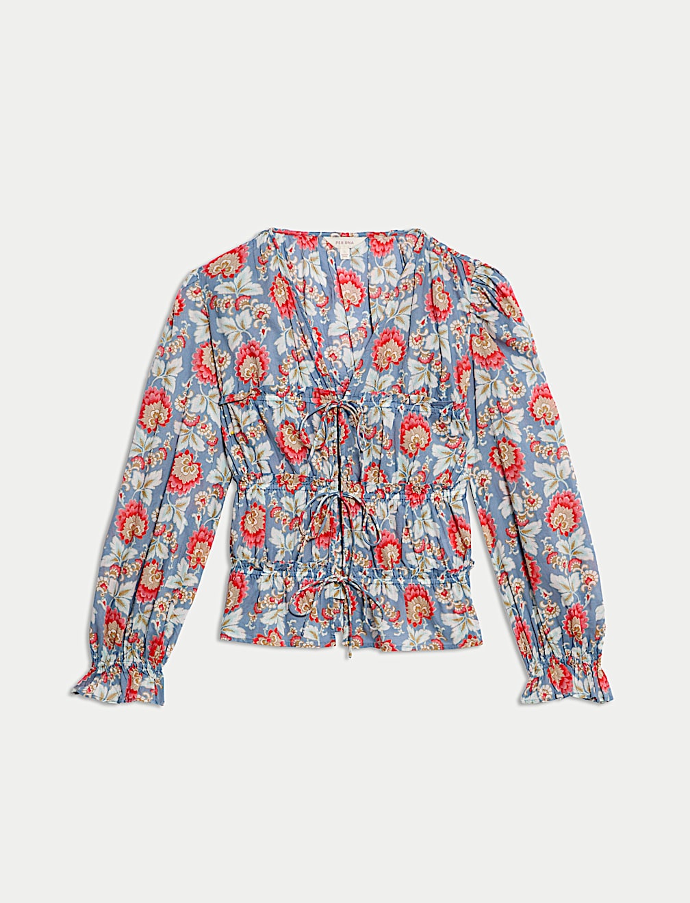 Pure Cotton Floral V-Neck Tie Front Blouse