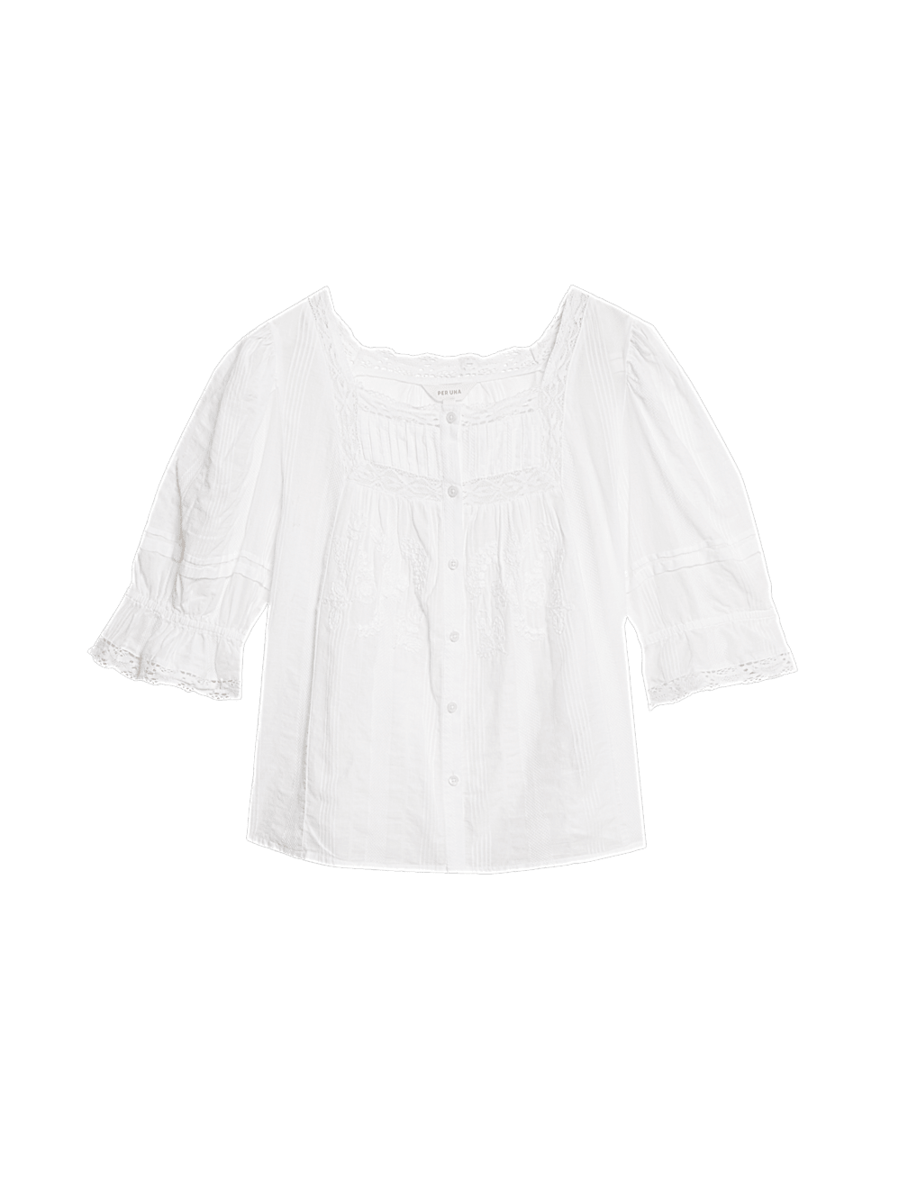 Cotton Rich Square Neck Lace Detail Puff Sleeve Blouse