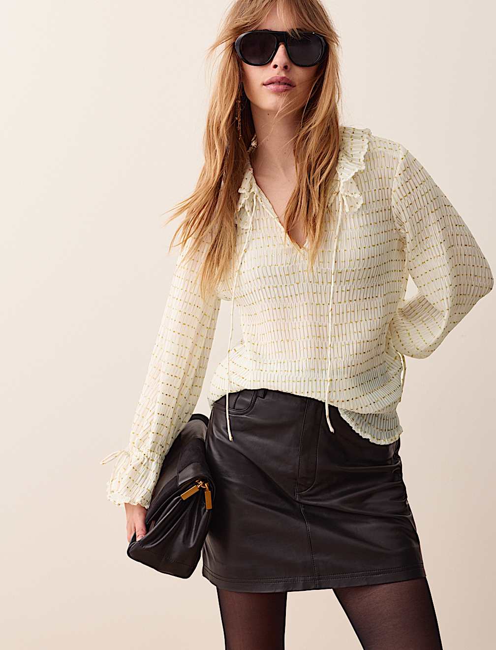 Striped Ruffle Tie Neck Blouse