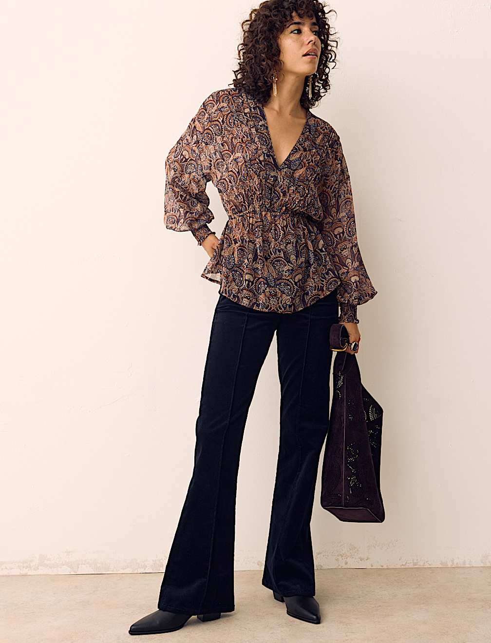 Paisley Floral V Neck Shirred Blouse