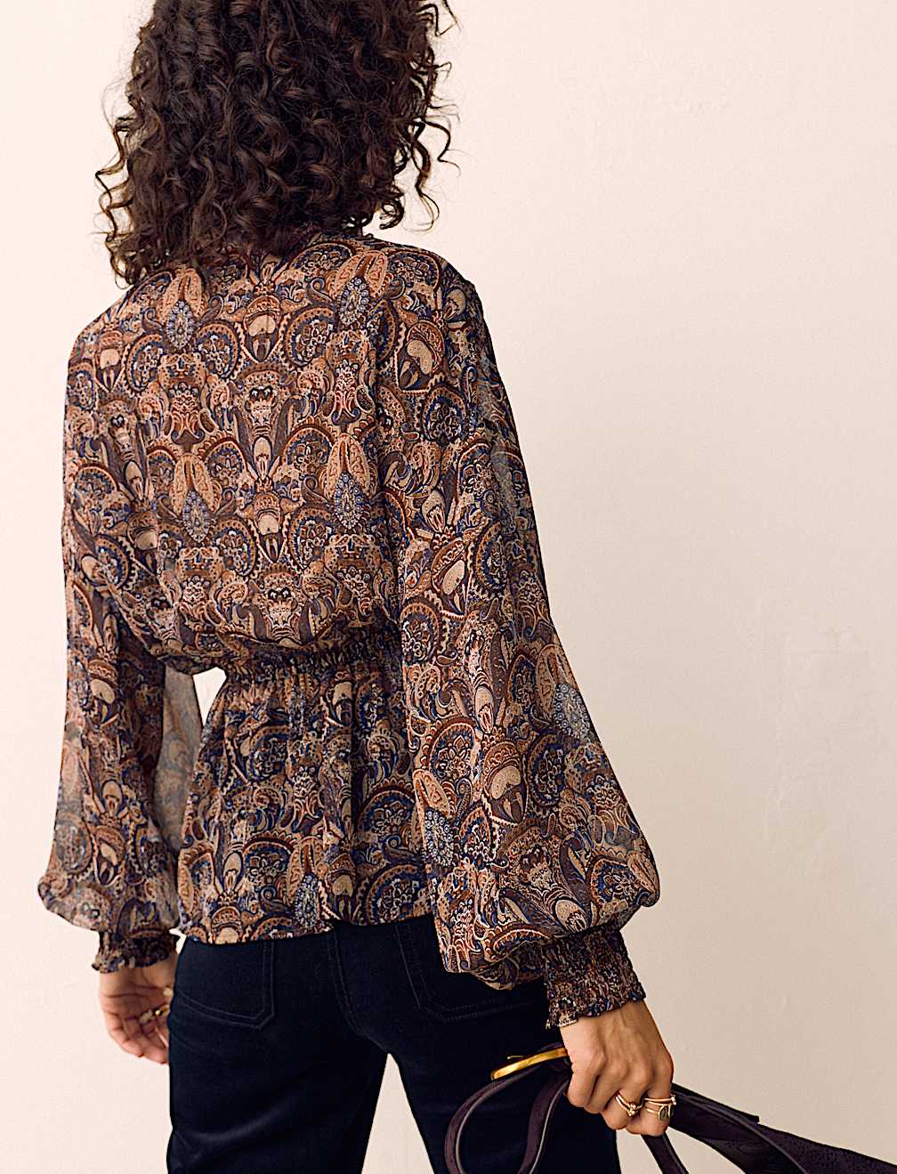 Paisley Floral V Neck Shirred Blouse