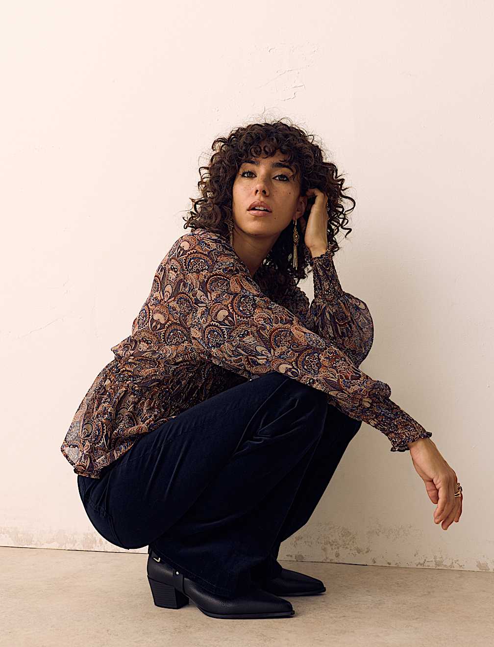 Paisley Floral V Neck Shirred Blouse