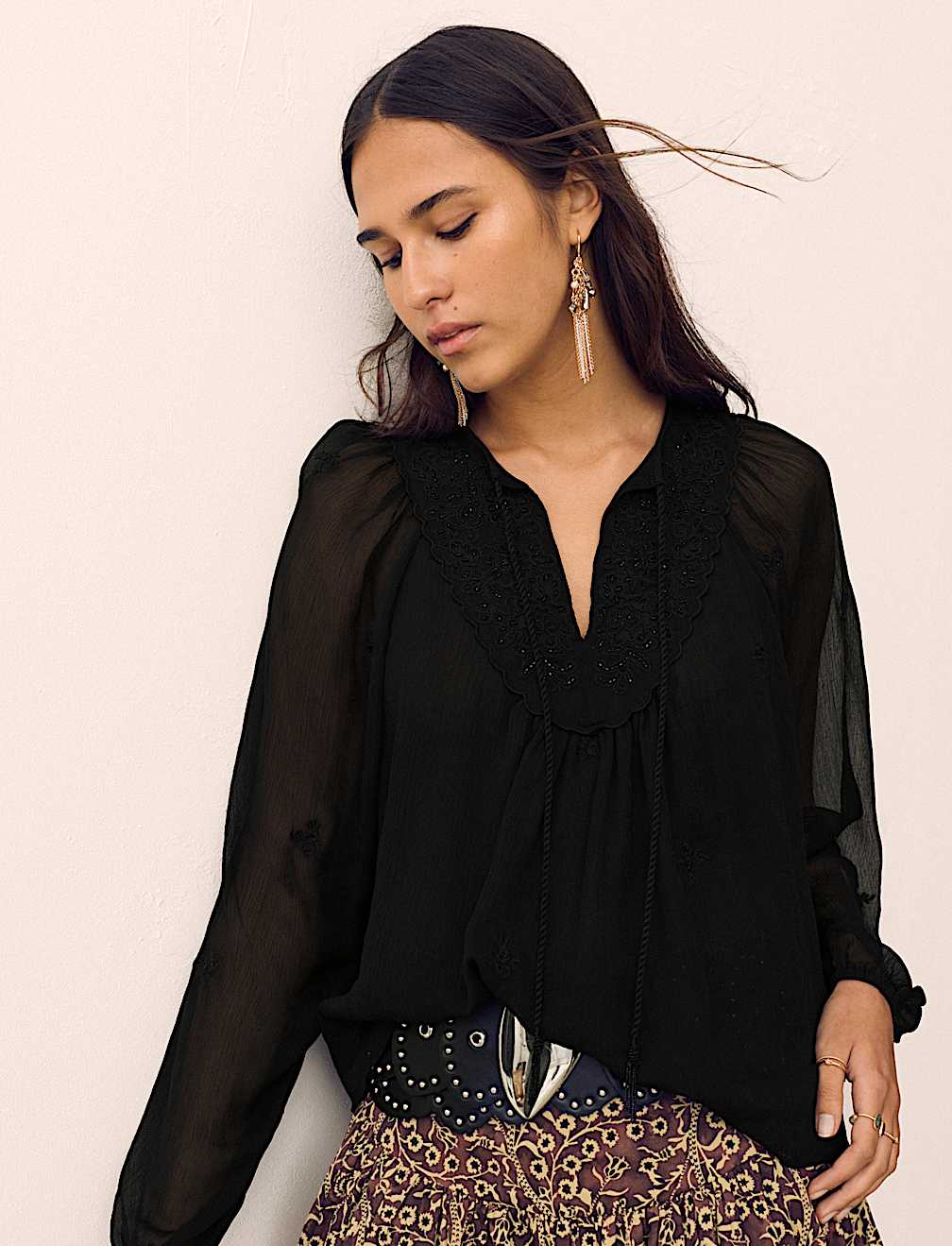 Chiffon Beaded Tie Neck Blouse