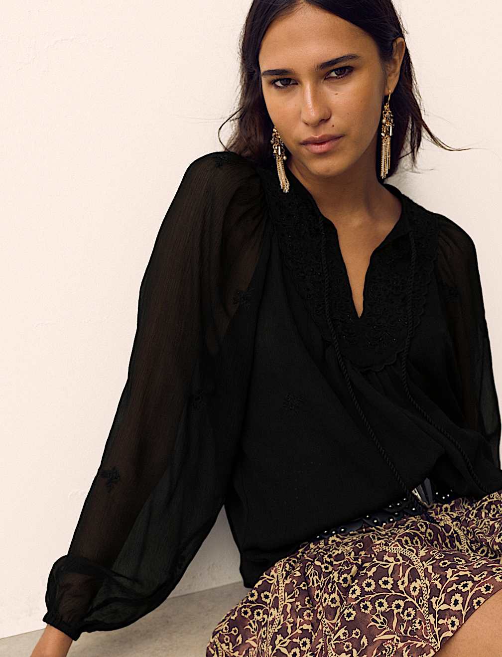 Chiffon Beaded Tie Neck Blouse