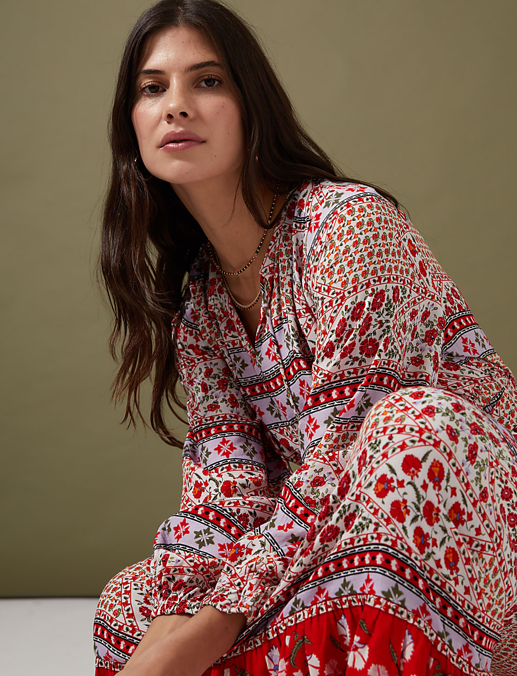 Floral Tie Neck Belted Midaxi Waisted Dress