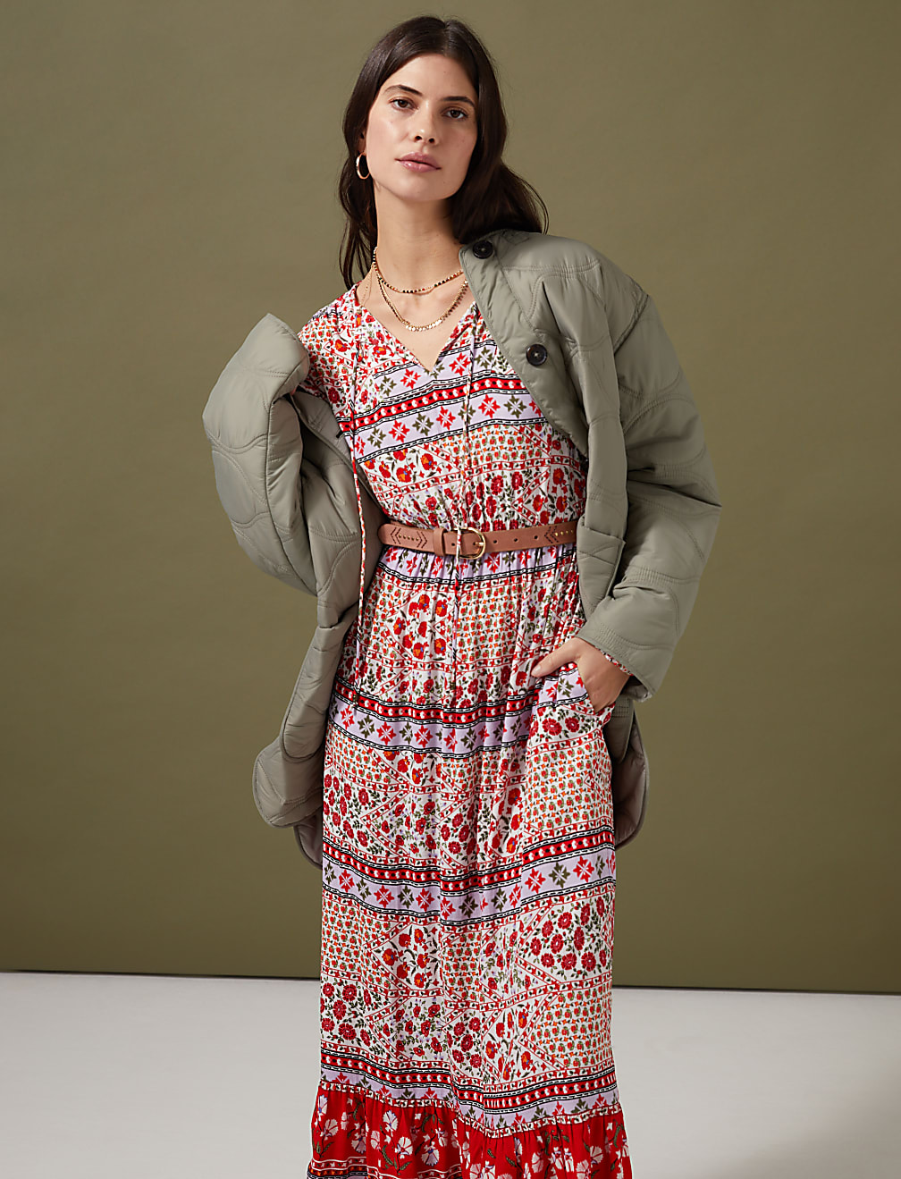 Floral Tie Neck Belted Midaxi Waisted Dress