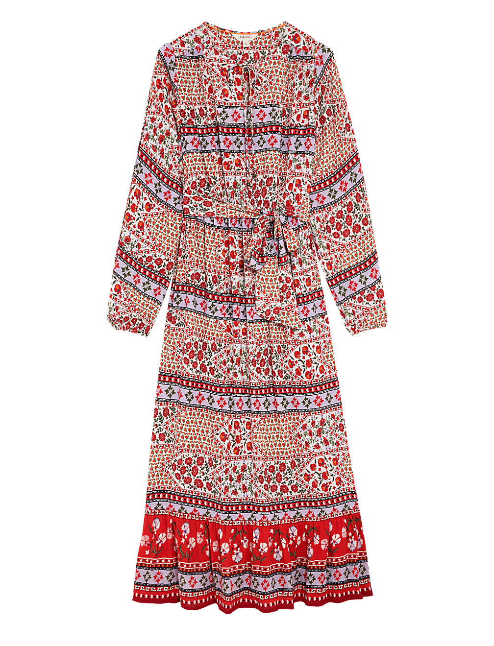 Floral Tie Neck Belted Midaxi Waisted Dress