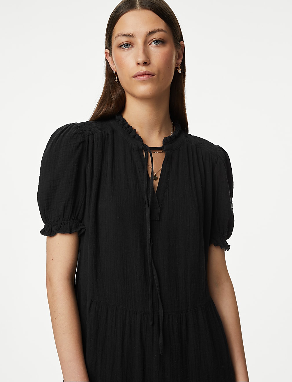 Pure Cotton Tie Neck Midi Tiered Dress