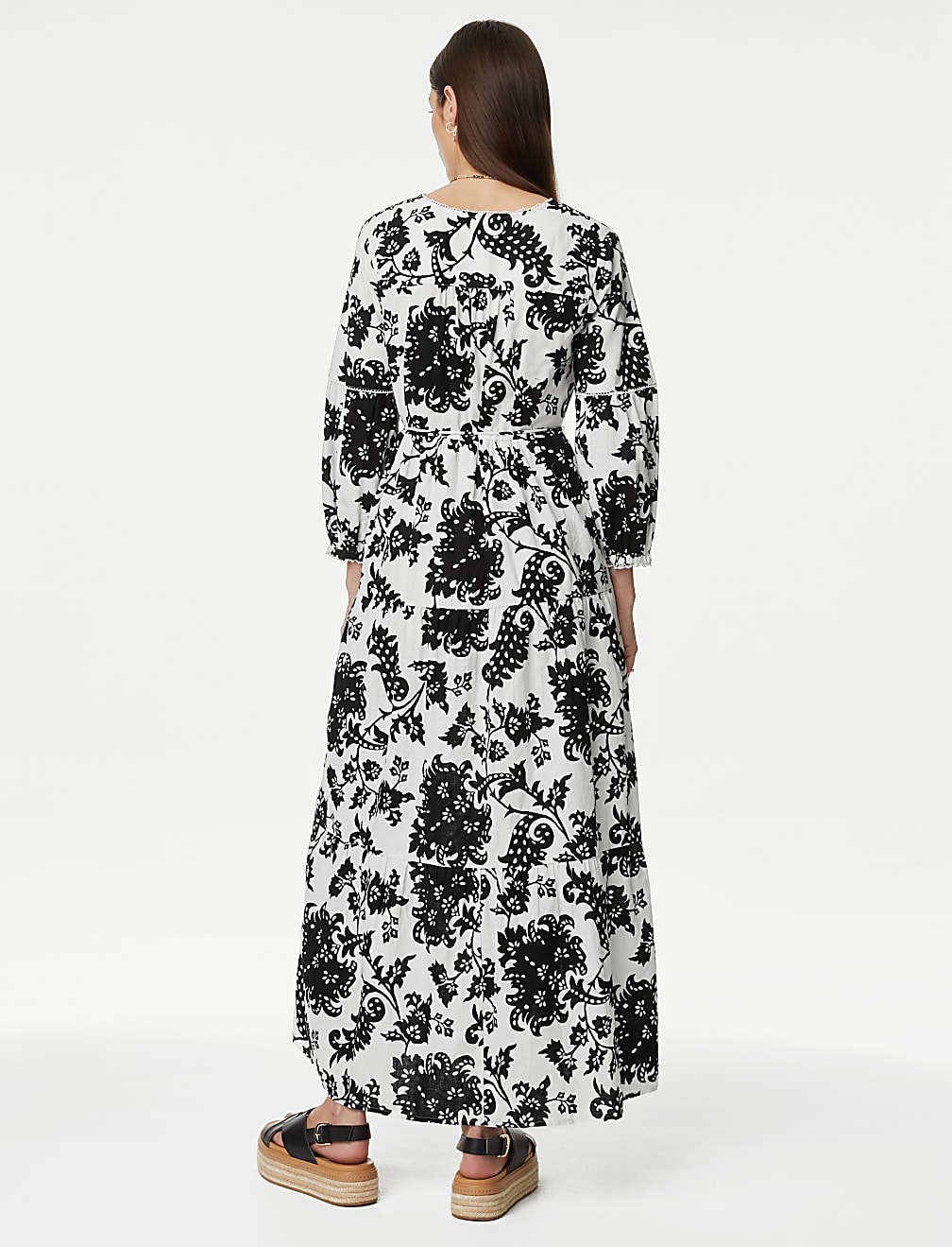 Linen Rich Floral V-Neck Maxi Tiered Dress