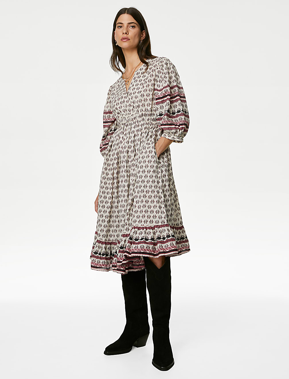Pure Cotton Printed V-Neck Midi Smock Dress