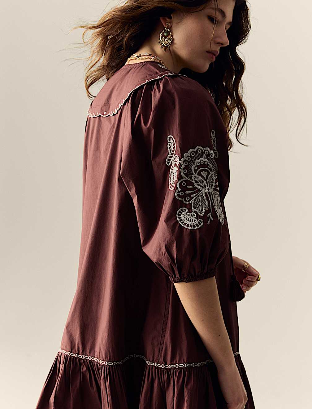 Pure Cotton Embroidered Tie Neck Puff Sleeve Mini Tiered Dress