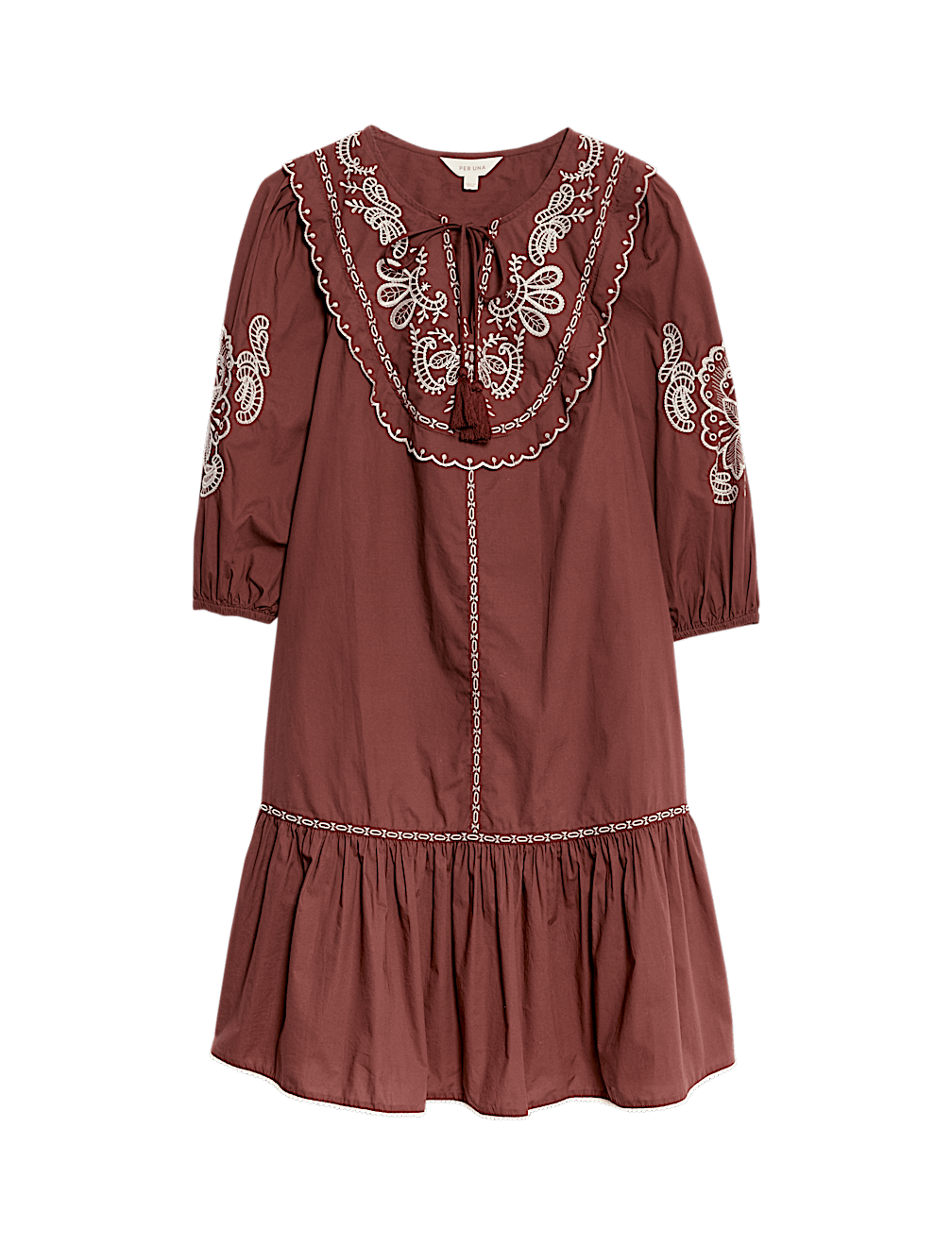 Pure Cotton Embroidered Tie Neck Puff Sleeve Mini Tiered Dress