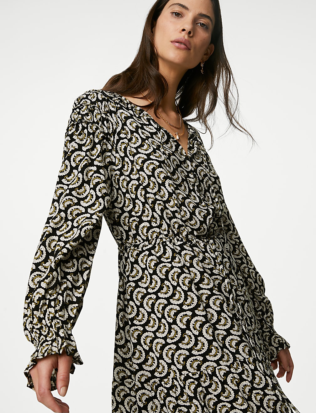 Printed Shirred Midi Tiered Dress