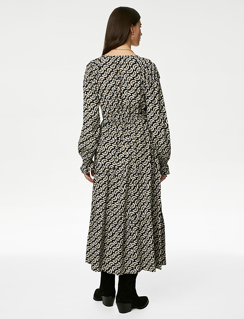Printed Shirred Midi Tiered Dress