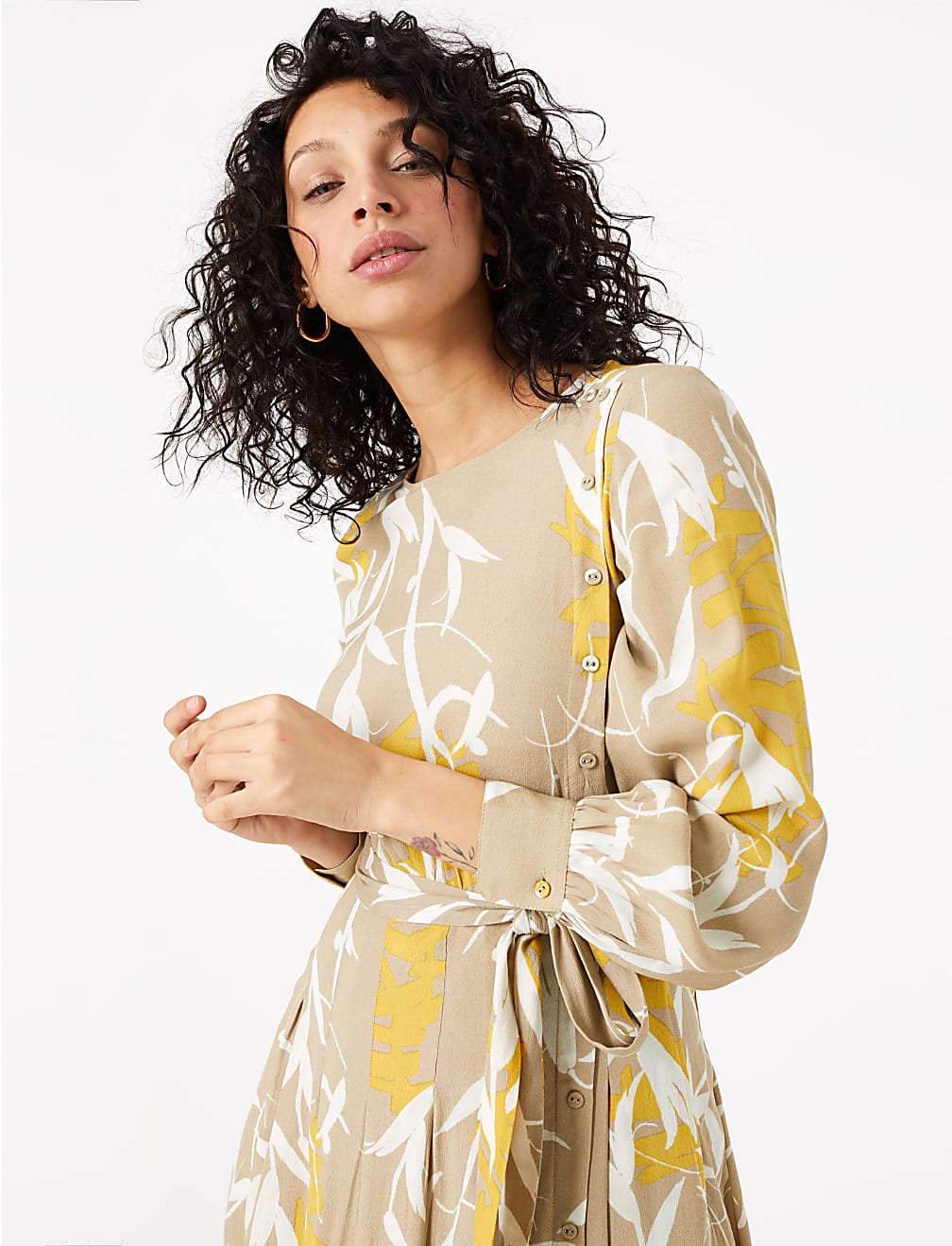 Leaf Print Waisted Midi Dress