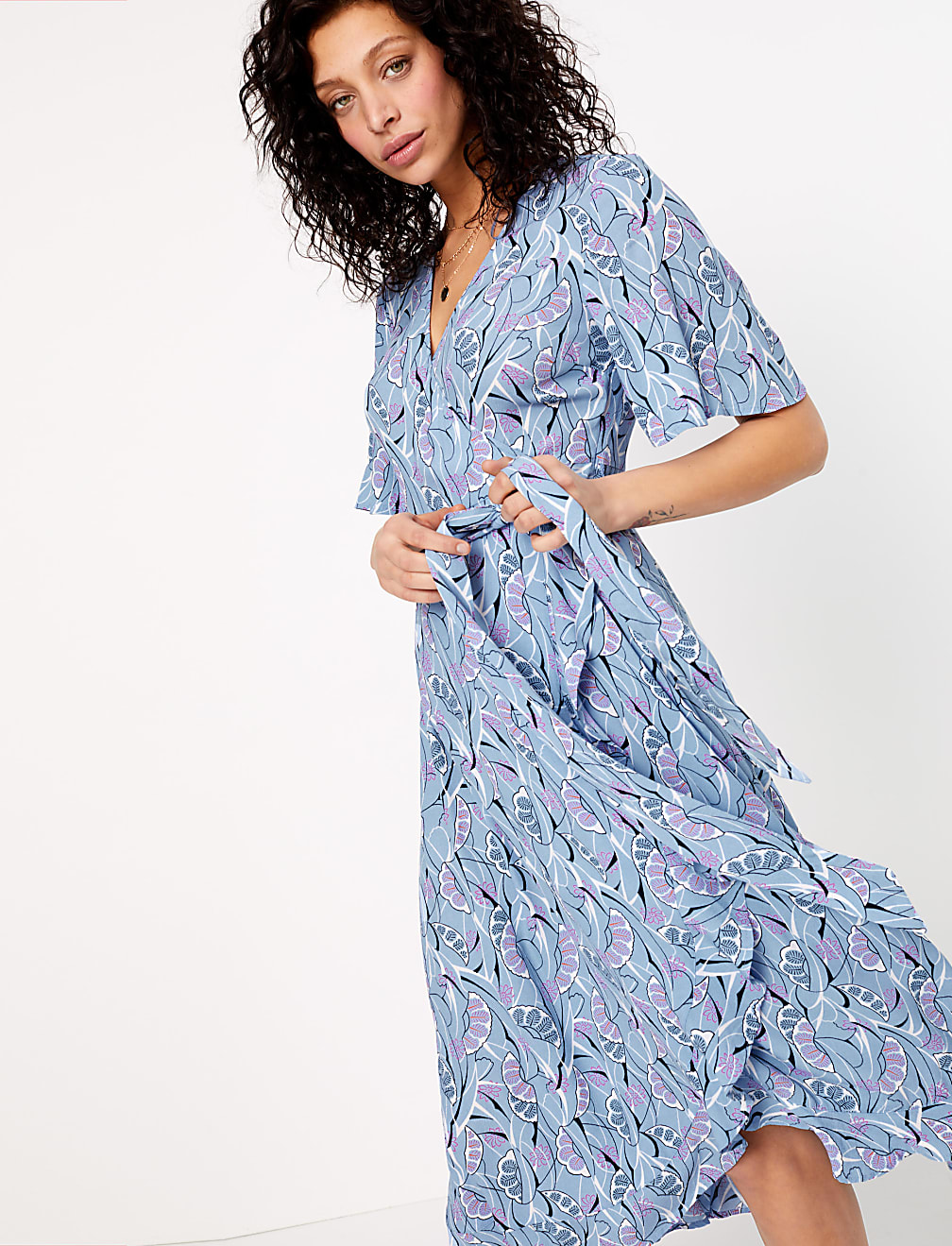 Crepe V-Neck Midi Wrap Dress