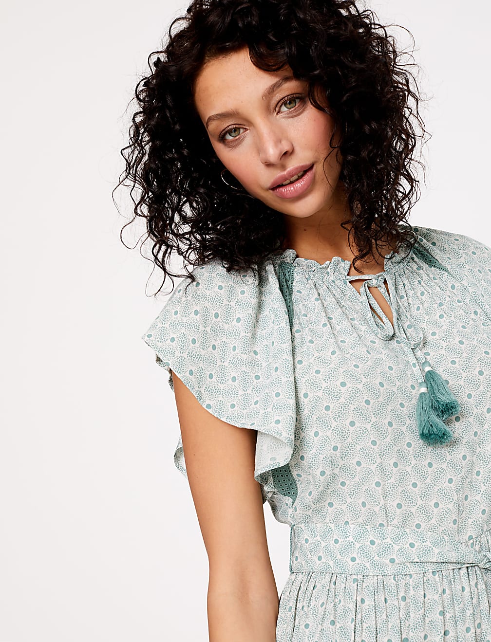 Crepe Printed Frill Detail Midi Dress