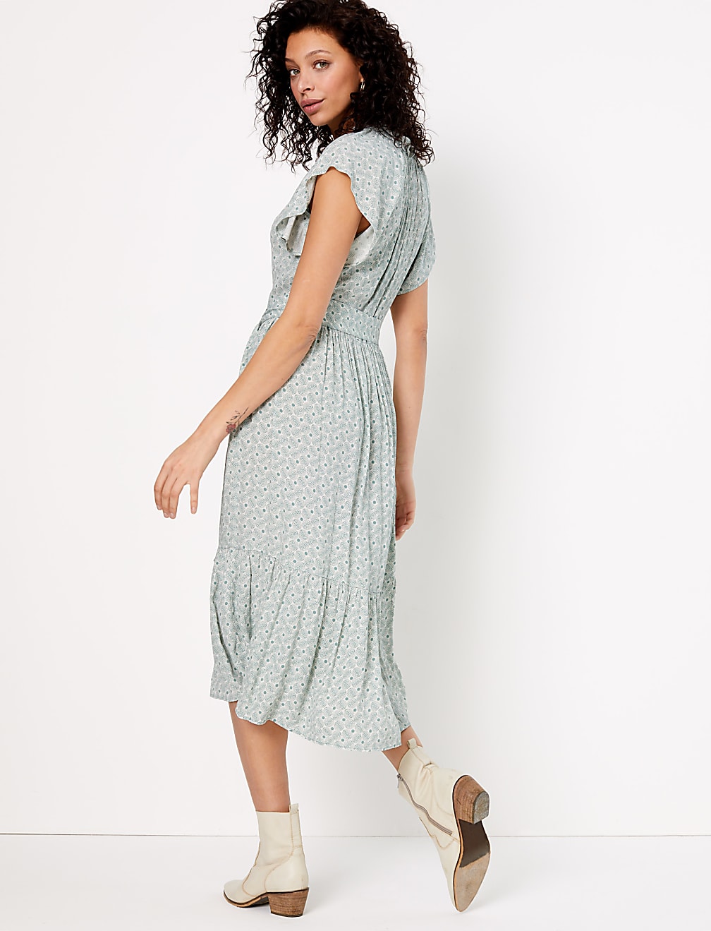 Crepe Printed Frill Detail Midi Dress