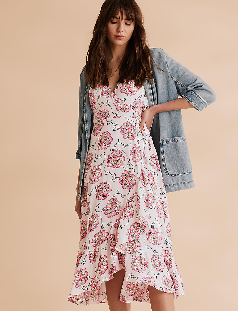 Floral Frill Detail Midi Wrap Dress