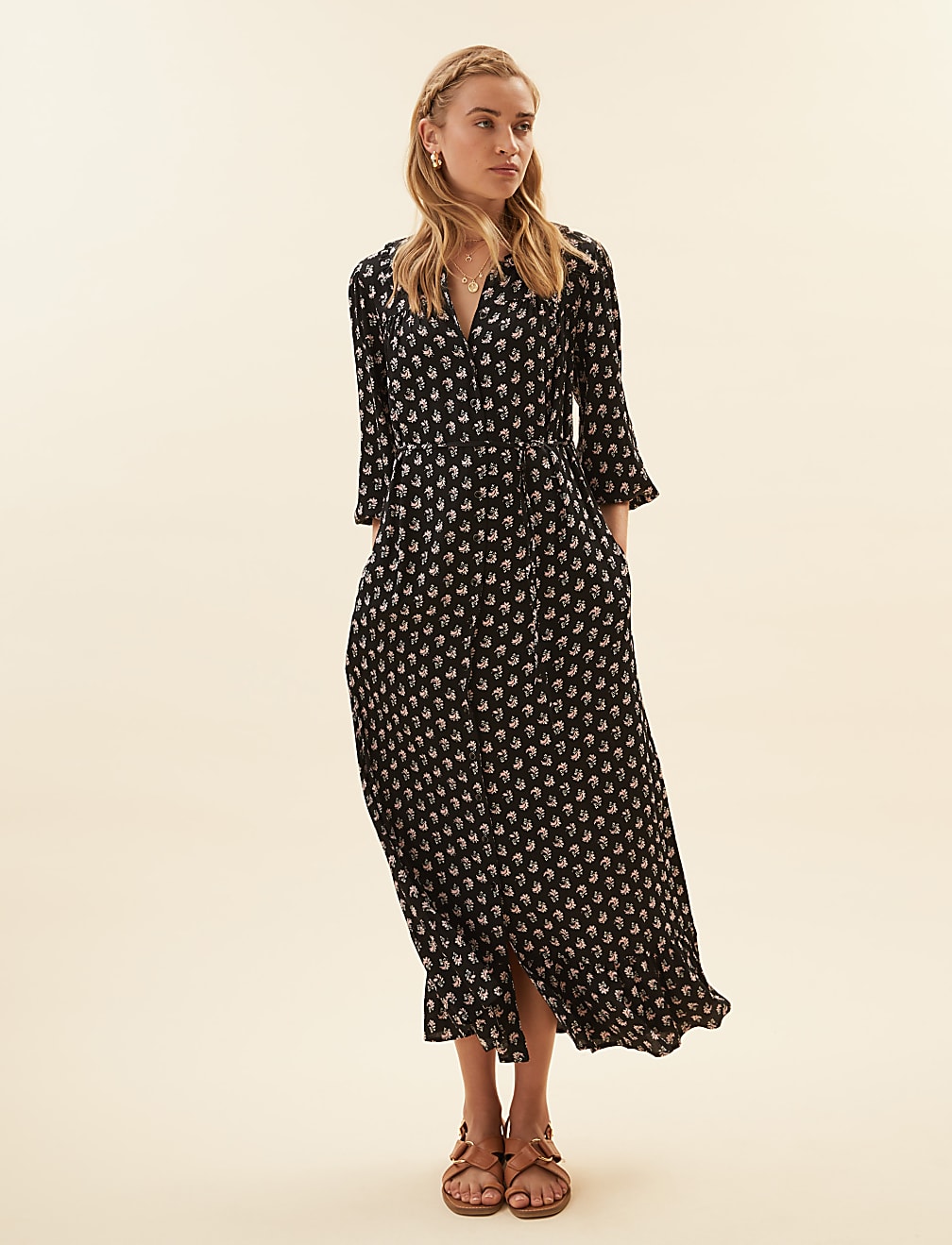 Leaf Print Collared Midaxi Shirt Dress