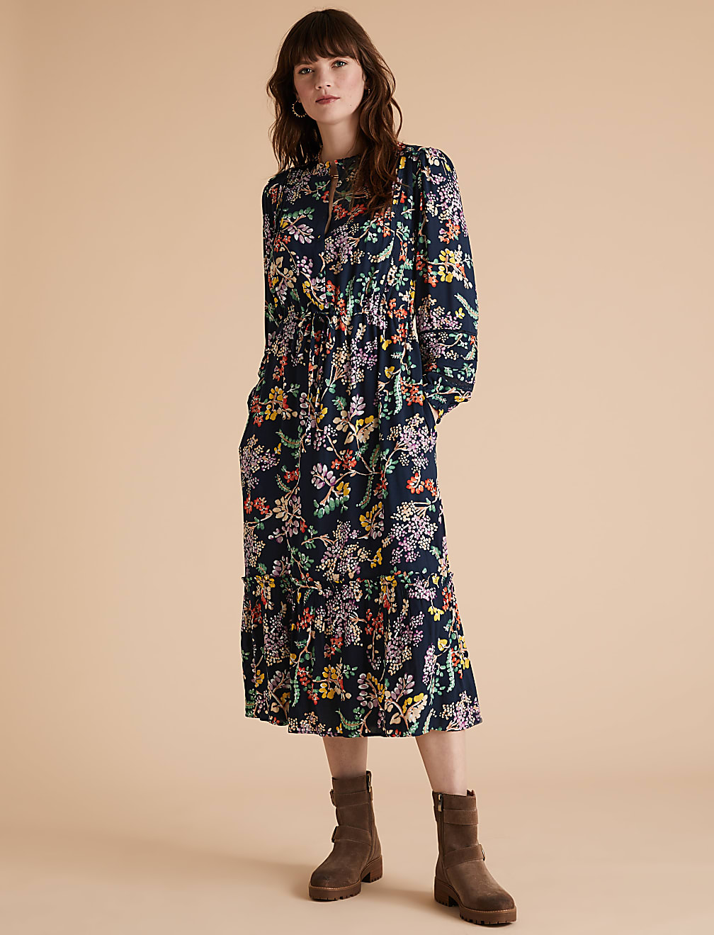 Floral High Neck Pintuck Midaxi Smock Dress
