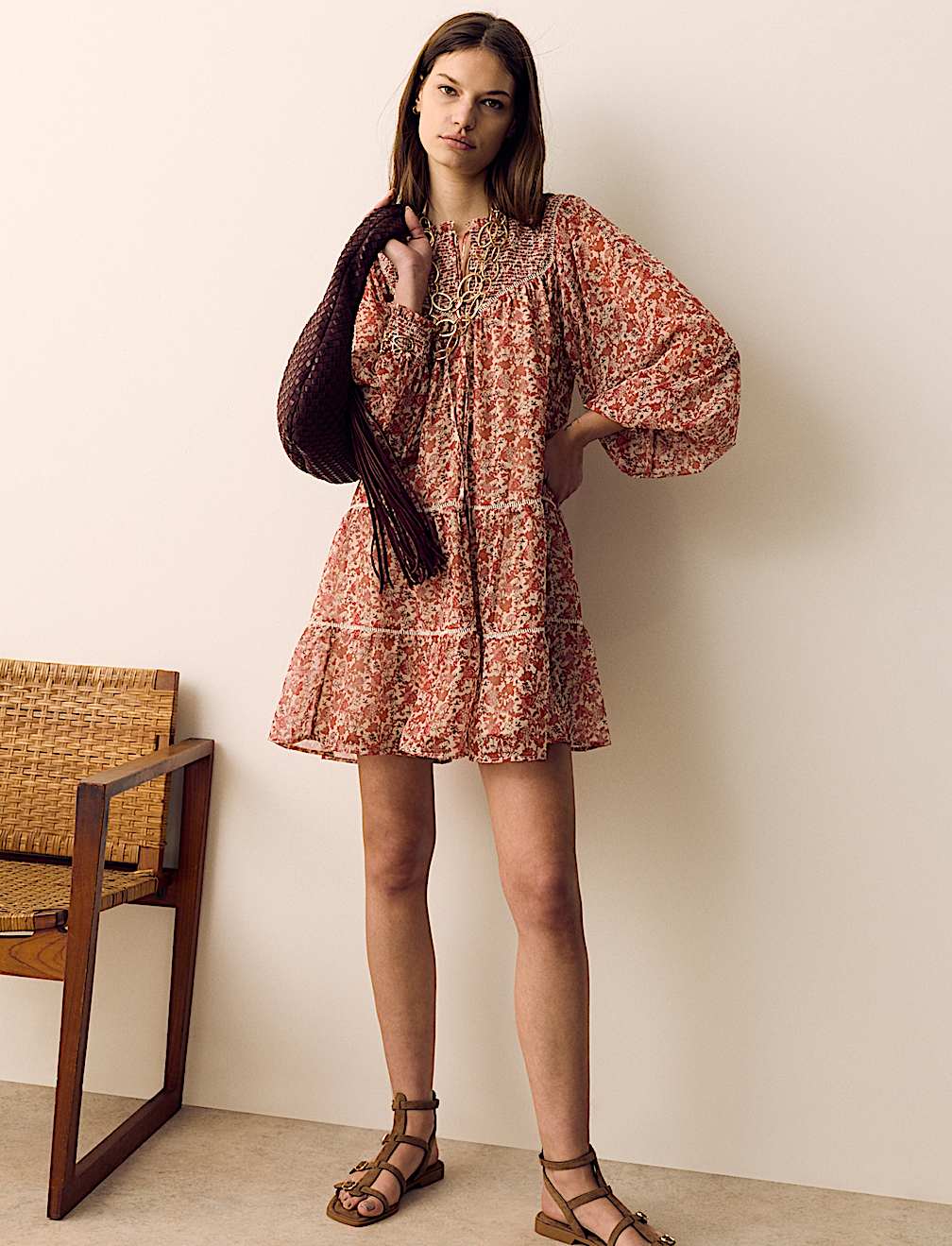Printed Ladder Lace Insert Mini Smock Dress