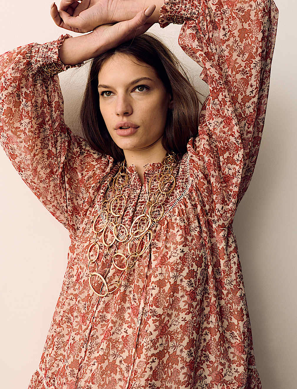 Printed Ladder Lace Insert Mini Smock Dress