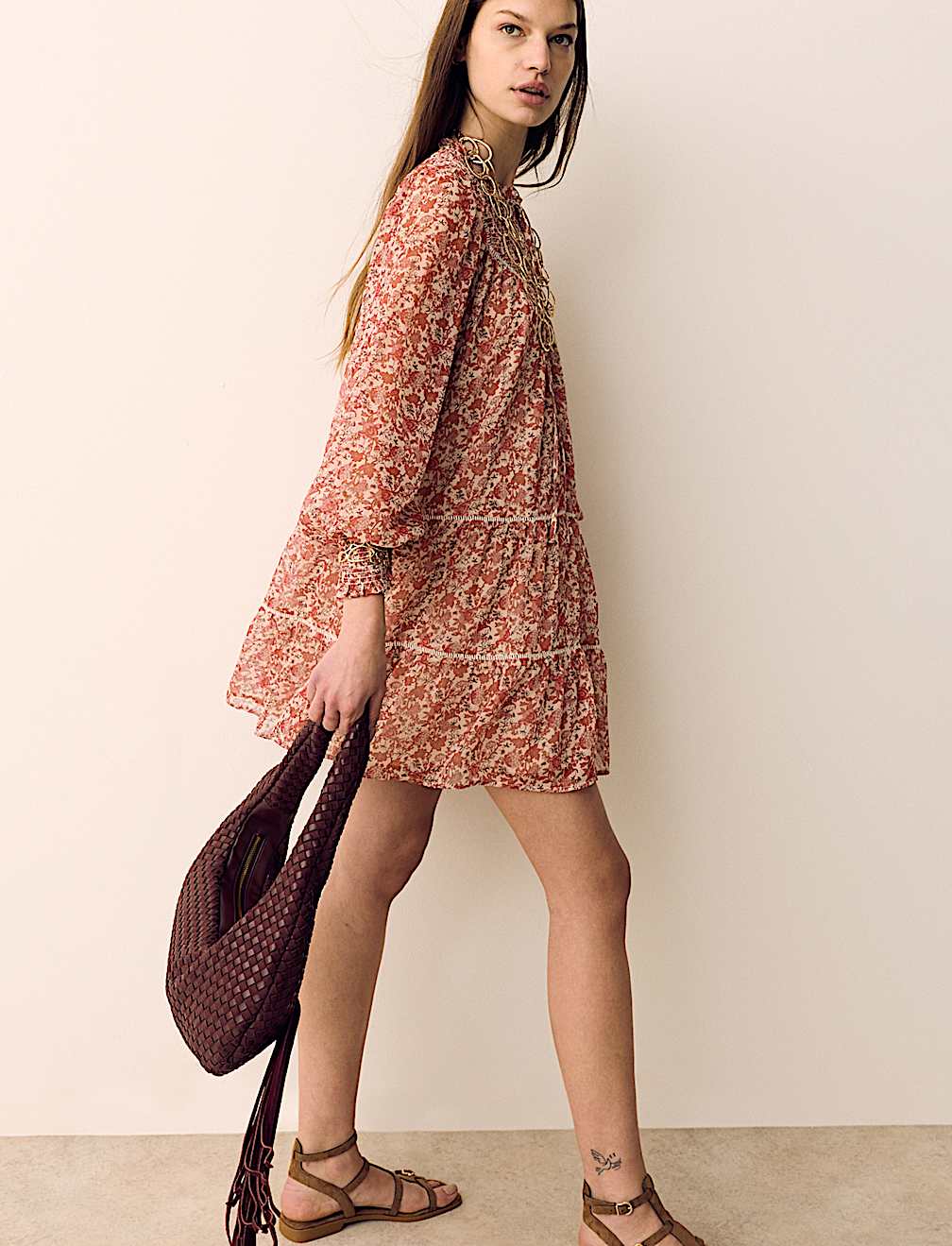 Printed Ladder Lace Insert Mini Smock Dress