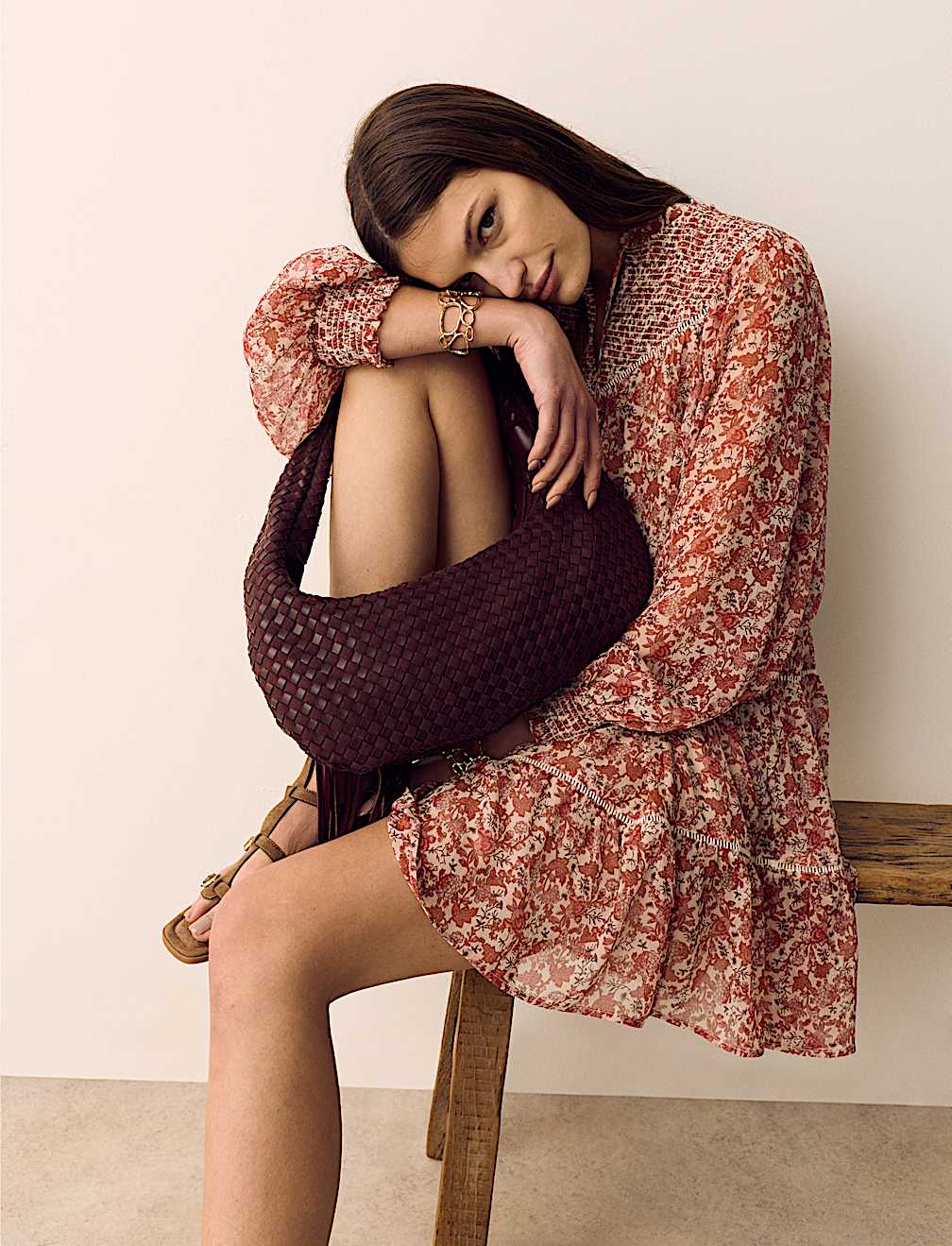 Printed Ladder Lace Insert Mini Smock Dress