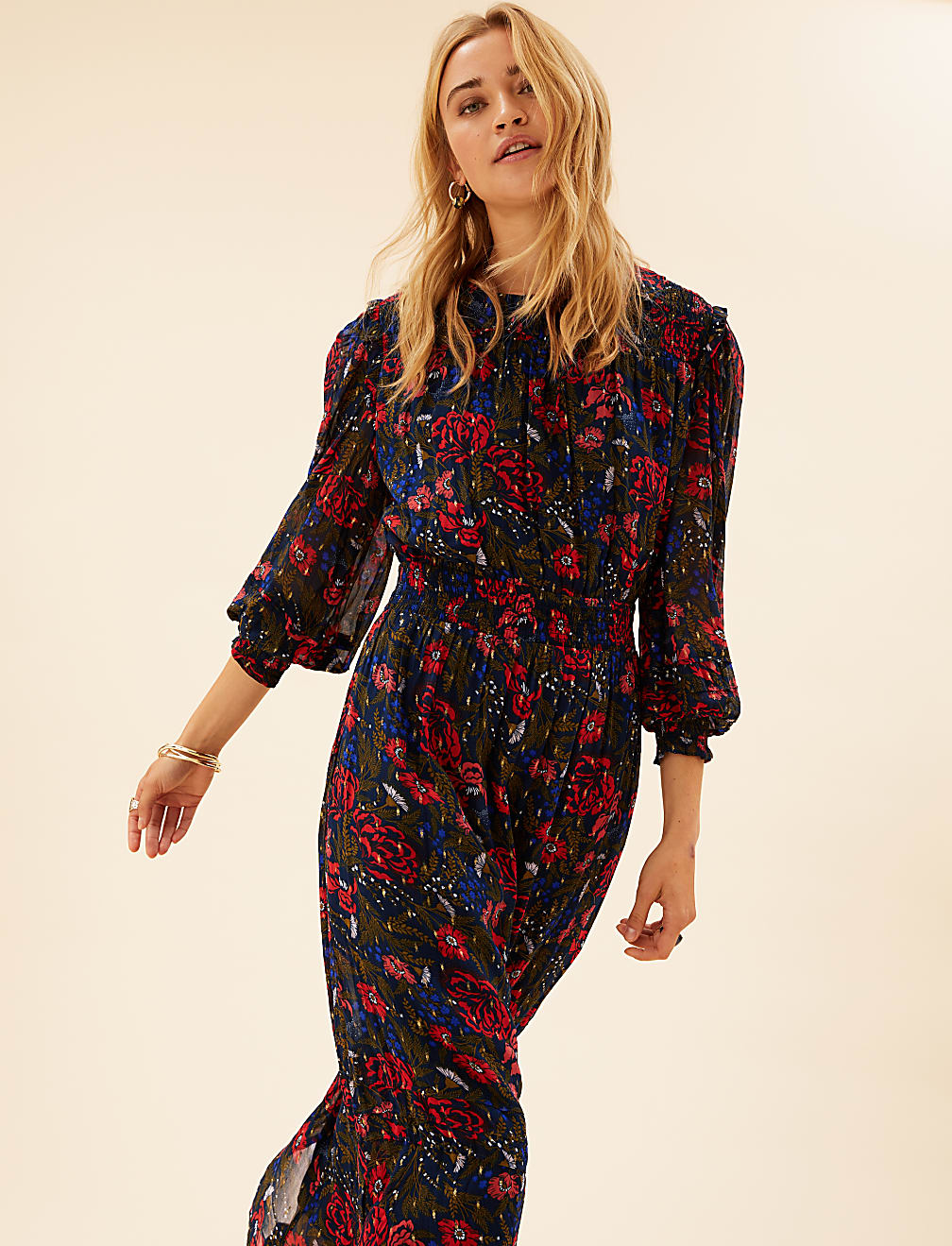 Floral Metallic Detail Midaxi Waisted Dress