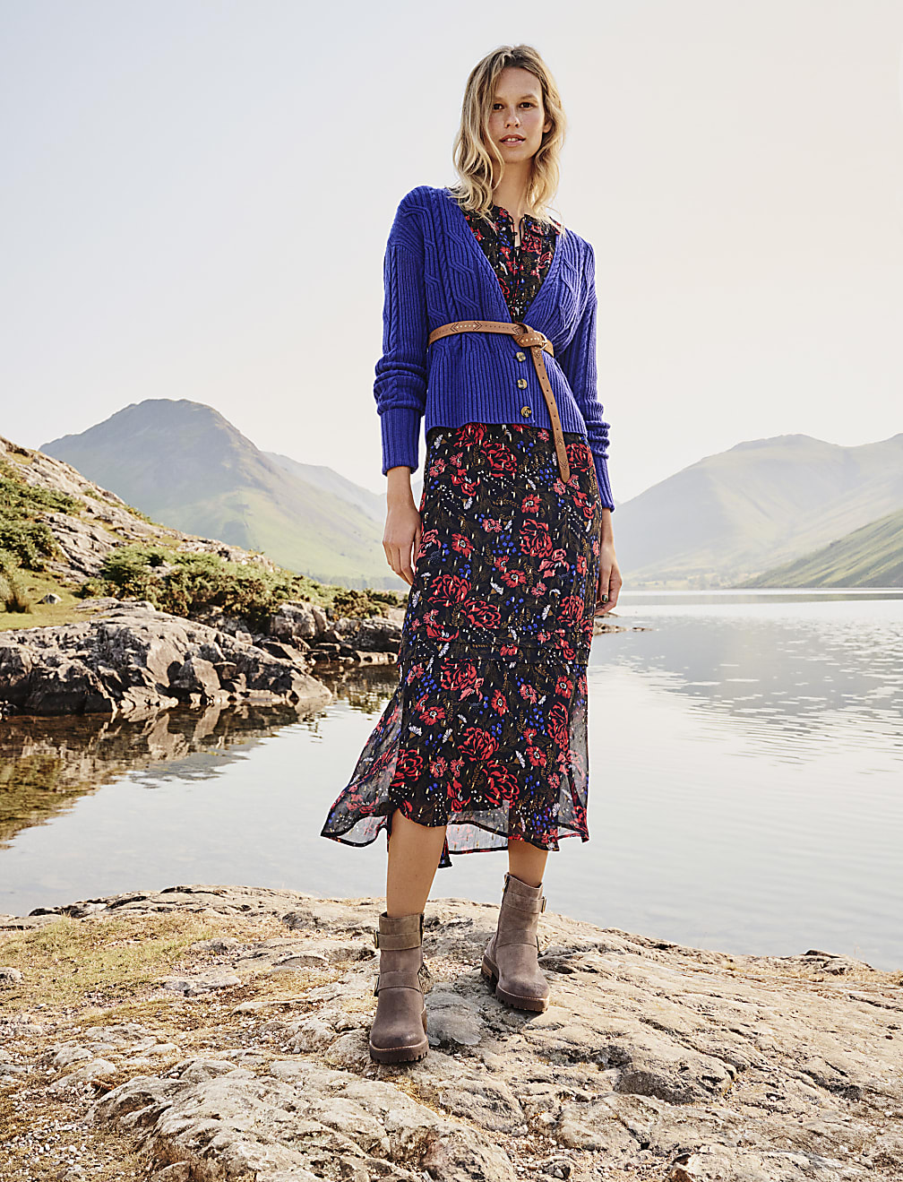 Floral Metallic Detail Midaxi Waisted Dress