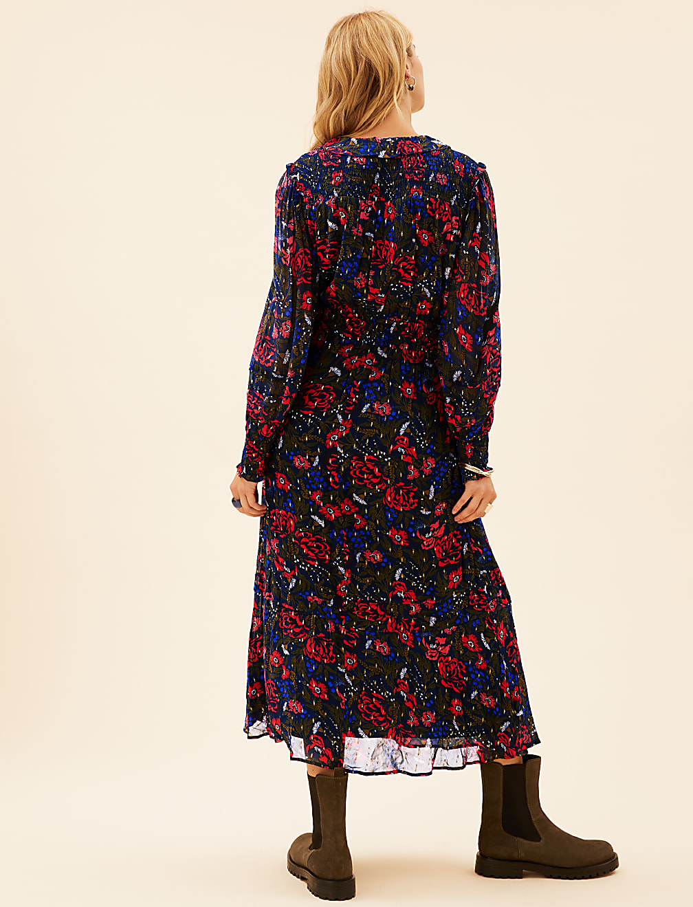 Floral Metallic Detail Midaxi Waisted Dress