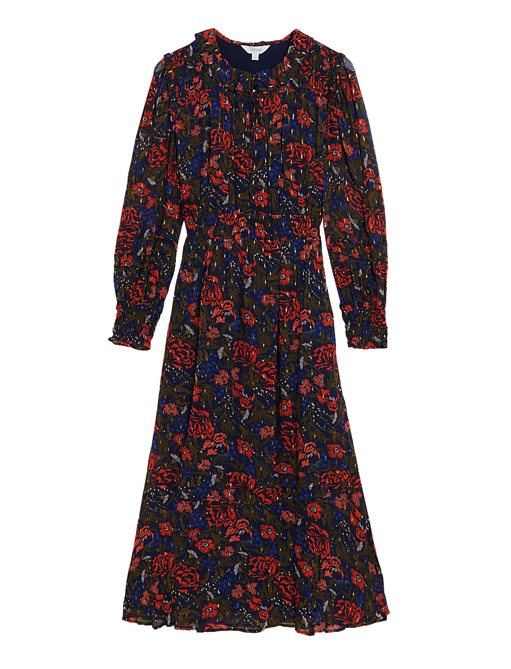 Floral Metallic Detail Midaxi Waisted Dress