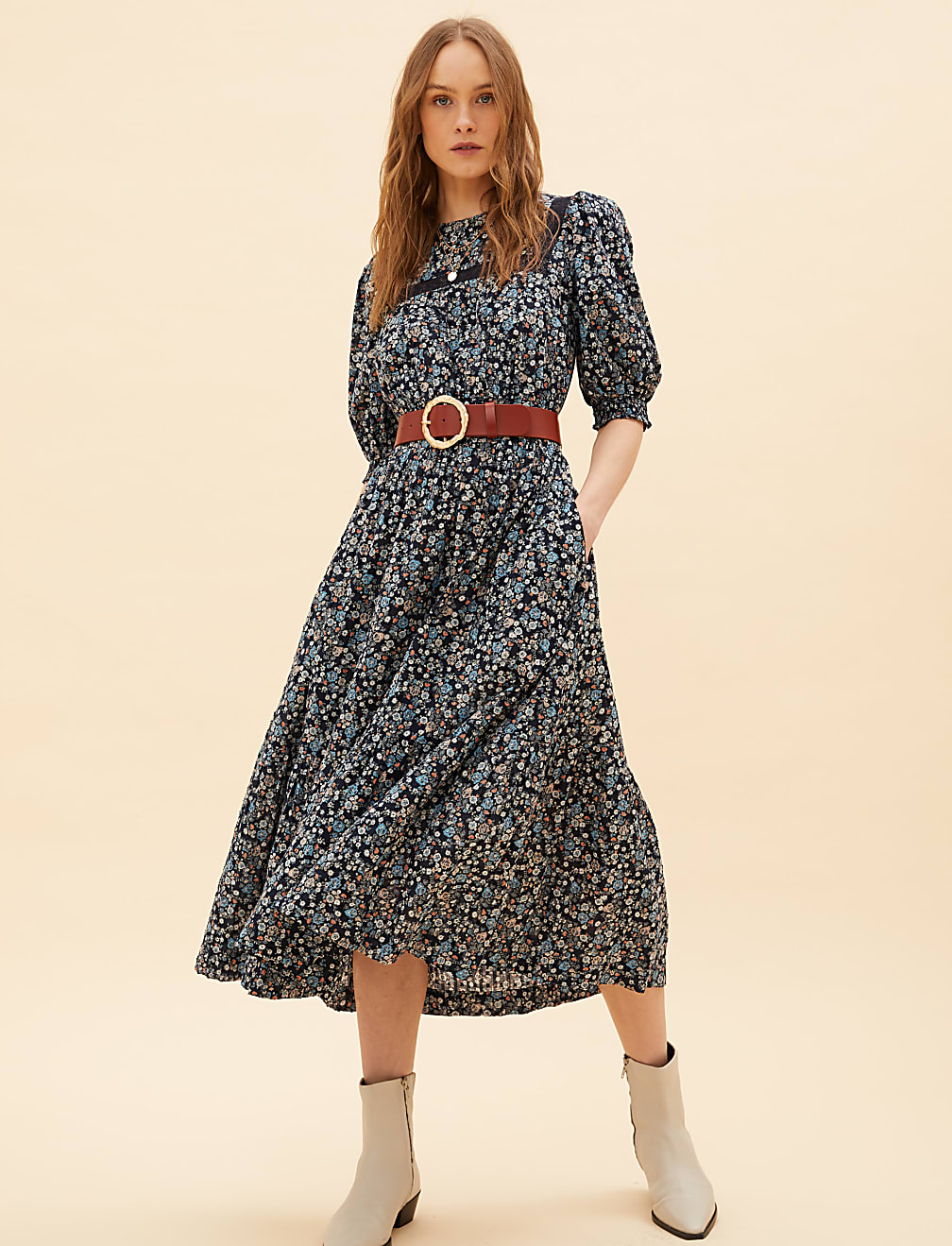 Pure Cotton Floral Midaxi Smock Dress